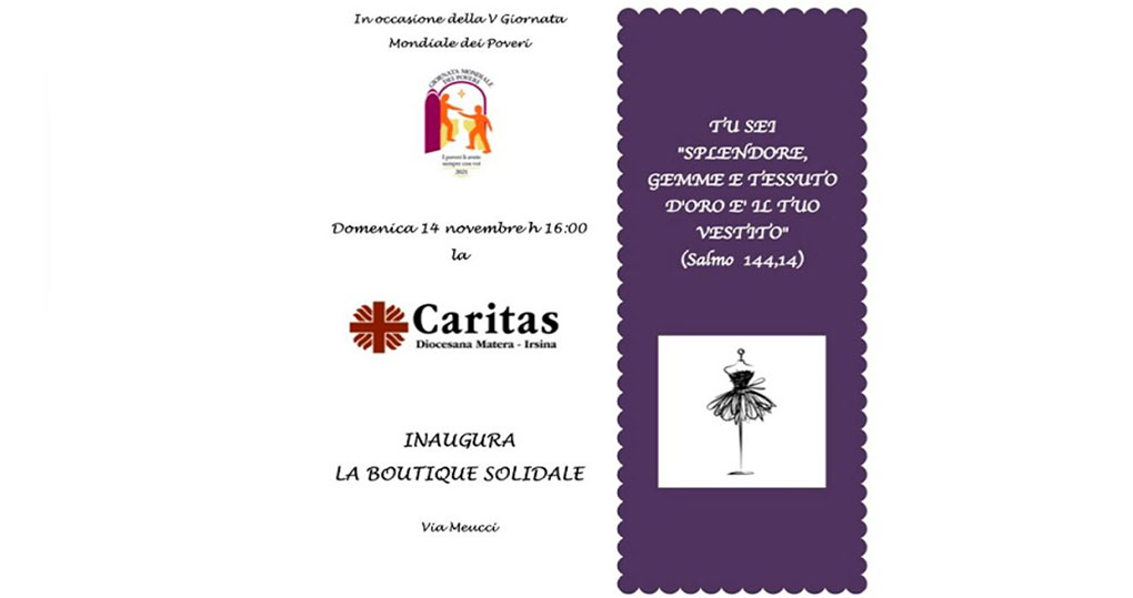 Il 14 novembre la Caritas Diocesana di Matera-Irsina inaugura la Boutique solidale
