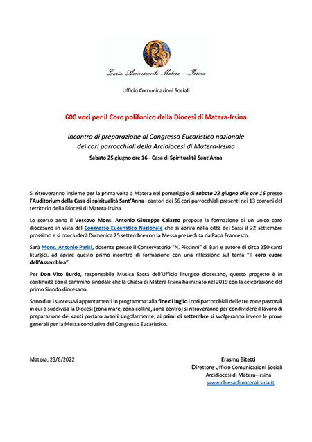 Comunicato stampa - Un coro polifonico a 600 voci in vista del CEN P