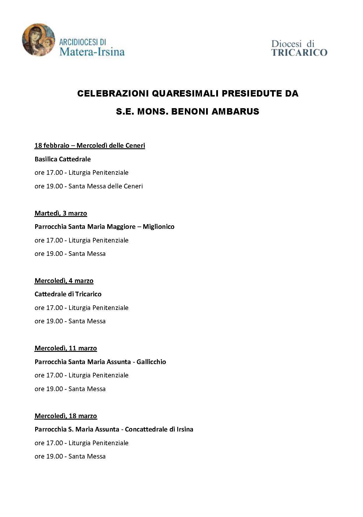 CELEBRAZIONI QUARESIMALI PRESIEDUTE DA S.E. MONS. BENONI AMBARUS